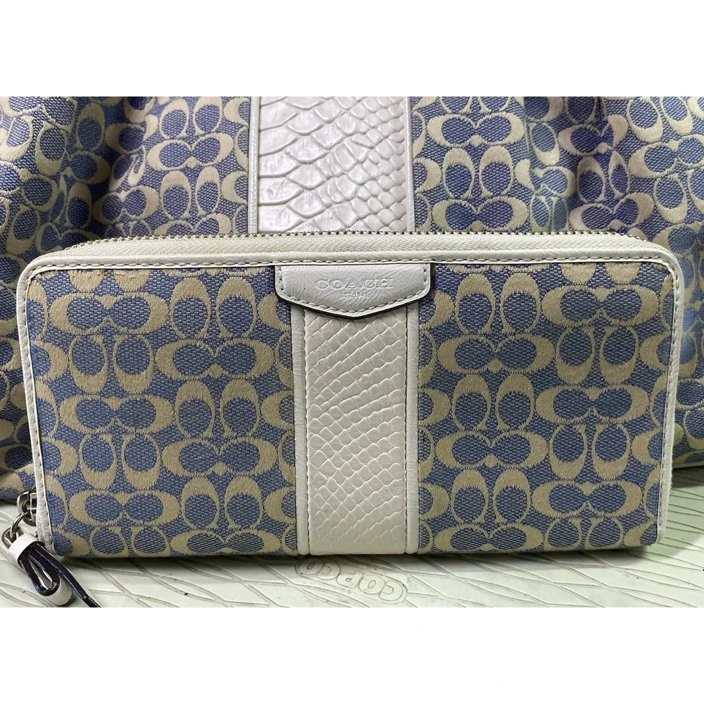COACH‎ SIGNATURE Jacquard Drawstring Purse matching Wallet Blue&Cream See Straps